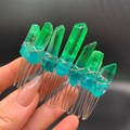 Handmade wicca moon hair comb with vibrant green and blue crystals on silver wire - Green Blue Gradient (36)