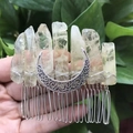 Detailed shot of handmade natural crystal hair comb with metallic moon pendant detail - Lemon Yellow