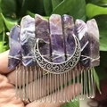 Close-up of handmade purple crystal hair comb with silver crescent moon detail - Amethyst