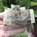 Detail of handmade natural crystal hair comb featuring crescent moon on vintage silver teeth - Green Grape
