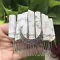 Detailed shot of white crystal hair comb with silver crescent moon and wired stone slabs - White Turquoise