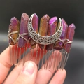 Wicca moon hair comb with raw purple and orange aura crystals on a silver metal base - Deep Purple With Moon