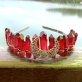 Handmade moon crown headband with deep red raw crystal clusters and golden wire wrap - Dark Red With Moon
