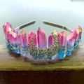 Handmade pink and blue crystal crown with golden crescent moon on silver headband - Blue Red With Moon