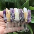 Handmade crescent moon hair comb with natural purple and yellow crystal raw stones - Amethyst + Citrine