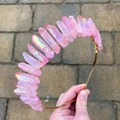 Macro shot of iridescent pink aura crystals hand-wrapped in gold wire on a bridal crown - Aura Pink Crystal (Gold Wire)