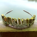 Bohemian gold crystal crown headband with silver wire moon detail on wooden rail - Gold With Moon