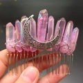 Pink raw crystal clusters bridal hair comb with silver wire wrap and crescent moon detail - Pink Purple With Moon