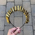 Detail of handmade golden crystal tiara with raw mineral stones on a metal headband - Gold Crystal (Black Wire)