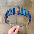 Close-up of handmade gold crown headband with deep blue electroplated raw quartz crystals - Dark Blue Crystal (Gold Wire)