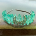 Bohemian green crystal crown headband with vintage gold moon accent for weddings - Green With Moon