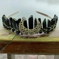Handmade silver headband with vertical black crystals and a crescent moon ornament - Black With Moon