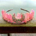 Pink natural crystal crown headband with a golden moon ornament for boho party - Pink With Moon
