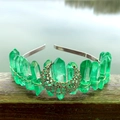 Handmade forest green crystal crown with golden moon detail on a silver metal headband - Dark Green With Moon