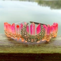 Bohemian crystal crown headband with pink gradient natural stones and a metallic moon detail - Pink Orange With Moon