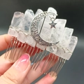 Handmade silver hair comb with 20 teeth featuring raw pink crystal moon and star motifs - Rose Quartz Solid Moon Star