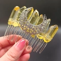 Handmade silver hair comb with natural raw yellow crystals and hollow crescent moon detail - Yellow Moon
