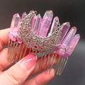 Handmade silver hair comb with pink crystals and hollow moon charm for women - Pink Purple Moon