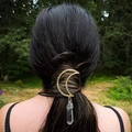 Gold moon hair clip with crystal stone pendant worn on a ponytail in natural light - Gold Moon Style / White