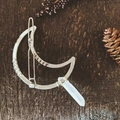 Handmade silver crescent moon hair clip with white crystal on vintage wood base - Silver Moon Style / White