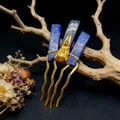 Handmade gold hair comb with blue crystal stones and gothic crow skull decorative design - Lapis Lazuli + Gold Comb Gold Crow Head