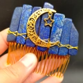Handmade hair comb with natural blue crystal stones and gold crescent moon and star charms - Lapis Lazuli Gold Wire Hair Comb