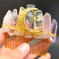 Detail of handmade crystal hair comb featuring gold moon and star pendants with raw stones - Multicolor Gold Wire Gold Comb