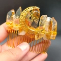 Handmade citrine crystal hair comb with golden crescent moon and star celestial accessories - Citrine Gold Wire Hair Comb