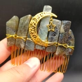 Detail of handmade crescent moon hair comb with raw labradorite stones and gold star - Labradorite Gold Wire Hair Comb