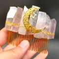 Detail of handmade crystal hair comb with golden moon star pendants and pink quartz - Rose Quartz Gold Wire Hair Comb