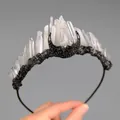 Gothic crown headband featuring white crystal raw stones and black moon centerpiece - White Crystal Single Moon Style