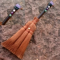 Handmade Wicca witch broom car pendant with amethyst crystal and dark wood handle - Redbud Pattern With Mixed Gemstone Beads