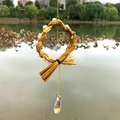 Handmade straw wind chime with natural purple crystals and teardrop crystal pendant - Rose Quartz