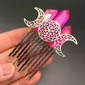 Close-up of Triple Moon Goddess hair comb with pink crystals and silver filigree metal - Rose Red (10-Tooth)