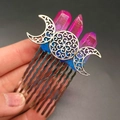 Detail of a handmade silver bridal hair comb with purple crystals and crescent moon - Pink Blue (10-Tooth)