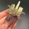 Close-up of silver crescent moon hair comb featuring raw yellow crystal clusters - Yellow (10-Tooth)