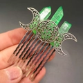 Detailed close-up of Triple Moon silver hair comb featuring green crystal clusters - Green (10-Tooth)