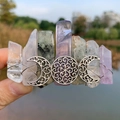 Bohemian triple moon hair clip with natural colorful quartz crystals and vintage silver finish - Chakra Stone & Triple Moon