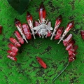 Gothic red crystal crown headband with silver bee motif on green moss background - Bee Style / Red