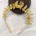 Luxurious gold crystal bridal headband with crescent moon charm and raw quartz stones - Yellow Crystal with Gold Big Moon