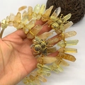 Handmade crystal crown headband with golden bees and natural clear raw quartz pillars - Yellow Crystal with Antique Gold Bee