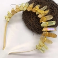 Luxury gold bridal headband with raw crystal clusters and a hollow crescent moon charm - Yellow Crystal with Gold Small Moon