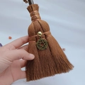 Close-up of handmade mini witch broom with pentagram charm and golden crystal bead - Vintage Pentagram Style (18)