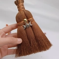 Detailed close-up of a mini Wiccan altar broom with a silver triple moon pentagram charm - Silver Triple Goddess Style (23)