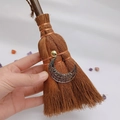 Detail of wicca mini broom with silver crescent moon and crystal beads on car pendant - Silver Hollow Crescent Style (24)