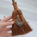 Detailed view of mini Wicca witch broom featuring silver moon charm and gold bead accents - Mini Hollow Moon Style (25)