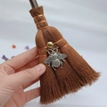 Macro shot of mini witch broom pendant featuring copper wire and vintage bee charm - Retro Bee Style (33)