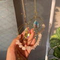 Moon shaped wind chime set with natural amethyst crystals and pear cut suncatcher prisms - Rose Quartz Chips + Raindrop Crystal