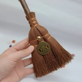 Detail of wicca mini broom car charm with bronze goddess pentagram and natural crystal - Celtic Pentagram Style (38)