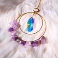 Detail of amethyst raw stones and rainbow prism crystal dream catcher wind chime - Amethyst Chips + Raindrop Crystal